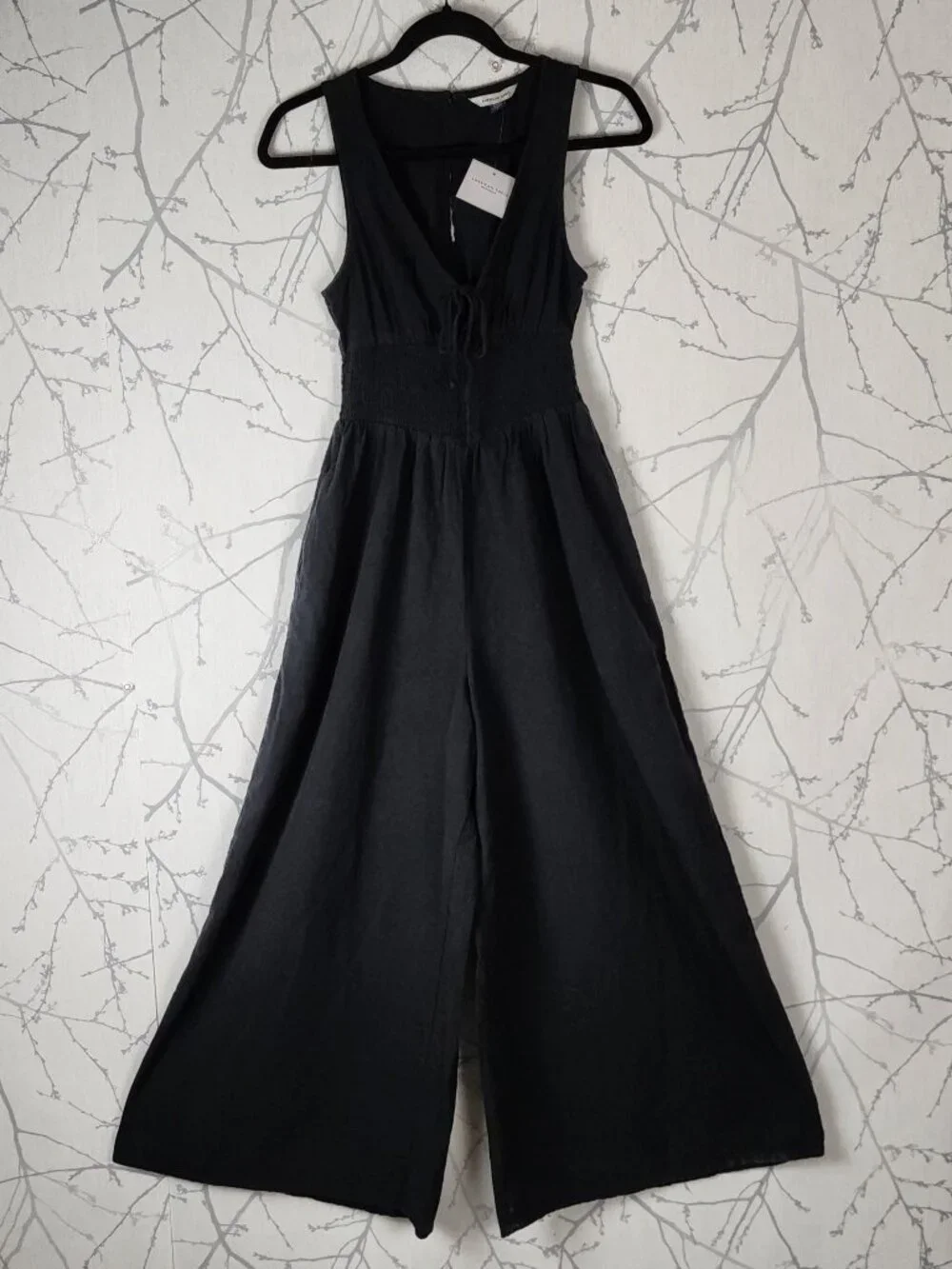American Eagle Black Cotton Linen Smocked Wide Leg Jumpsuit - Picture 2 of 9